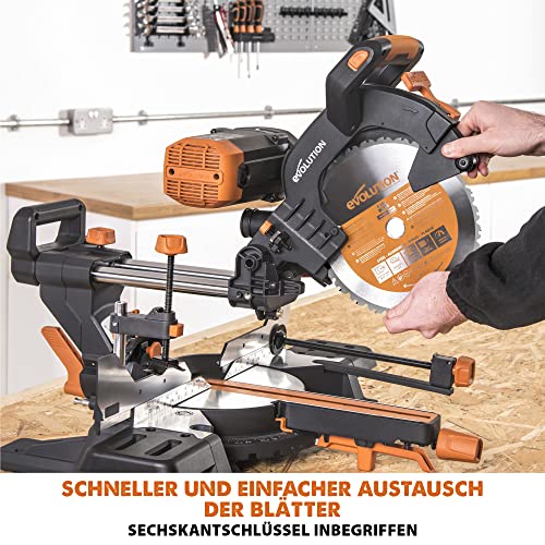 Evolution Doppelgehrungssäge Schiebe-Kapp- und Gehrungssäge R255SMS-DB+ | 2000 W, 300 mm Gleitfunktionalität, Schrägschnitt, Gehrungswinkeln | Ø 255 mm HM / TCT Sägeblatt für Multimaterialschnitt