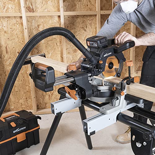 Evolution R185SMS-Li Akku-Gleitgehrungssäge mit Mehrzweck-Schneide, 45° Fasen-, 50° Gehrungsschnitte, 850 W – 185 mm TCT-Sägeblatt im Lieferumfang enthalten, 3 Jahre Garantie