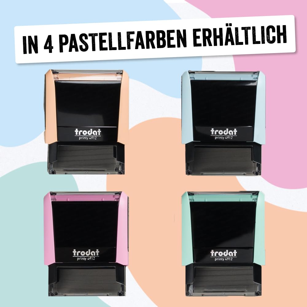 Trodat Printy 4912 Stempelset in Pastell Grün zum Selbersetzen - 4 Textzeilen, Abdruck 47x18 mm, Deutsch, inkl. Pinzette, Stempelkissen schwarz & Buchstaben- und Zahlenset in zwei Größen