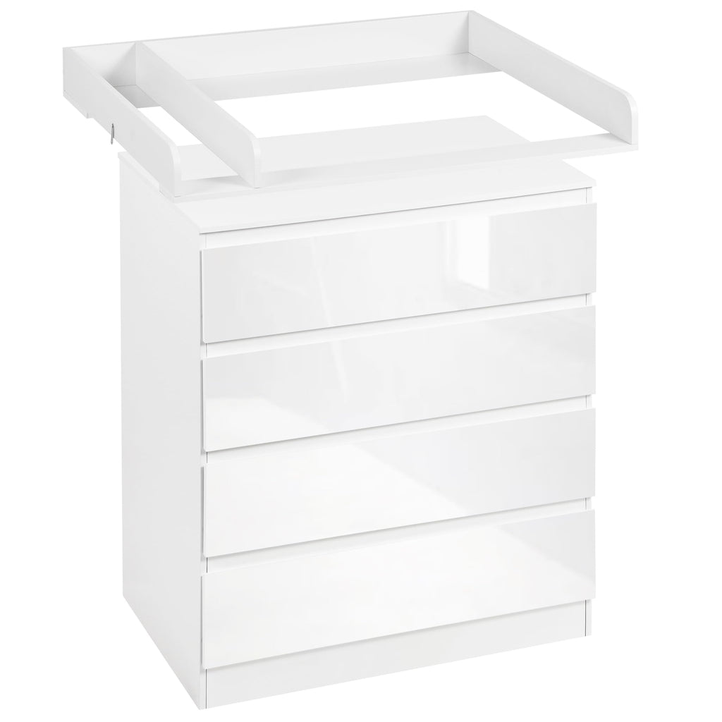WOLTU Wickelkommode mit abnehmbarem Wickelaufsatz, Wickeltisch Baby, Wickelregal, Kommode mit 4 Schubladen, Höhe 110 cm, Weiß + Hochglanz