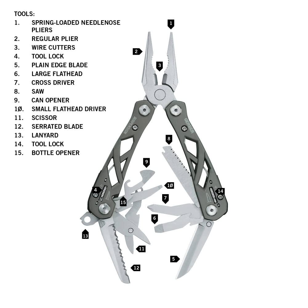 Gerber Multifunktionswerkzeug mit Nylon-Scheide und 12 Funktionen, Suspension Multi-tool, 31-003620