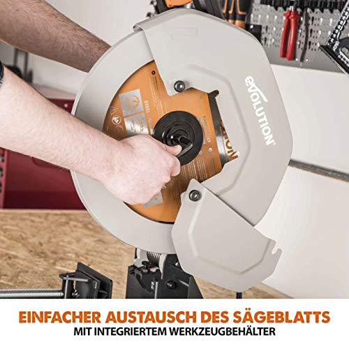 Evolution R355CPS Kappsäge Kapp-Zug-Gehrungssäge 2200 W | inkl. Ø 355 mm HM-Sägeblatt Multi-Material-Schneiden Holz, Aluminium, Stahl, Kunststoff | Schnittleistung von 120 x 120 mm | 0-45˚ Gehrung