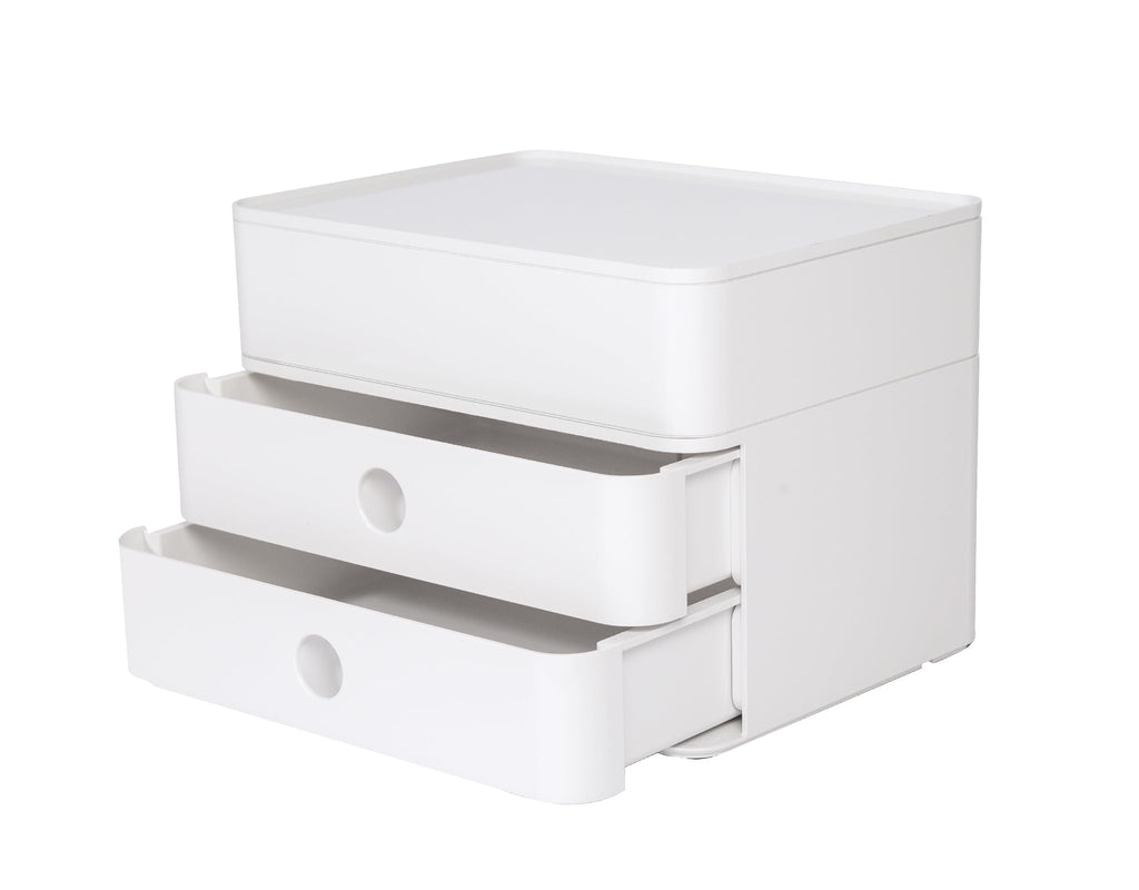 HAN Schubladenbox Allison SMART-BOX plus mit 2 Schubladen, Trennwand sowie Utensilienbox, inkl. Kabelführung, stapelbar, Büro, Schreibtisch, Küche, möbelschonende Gummifüße, 1100-12, hochglänzend weiß