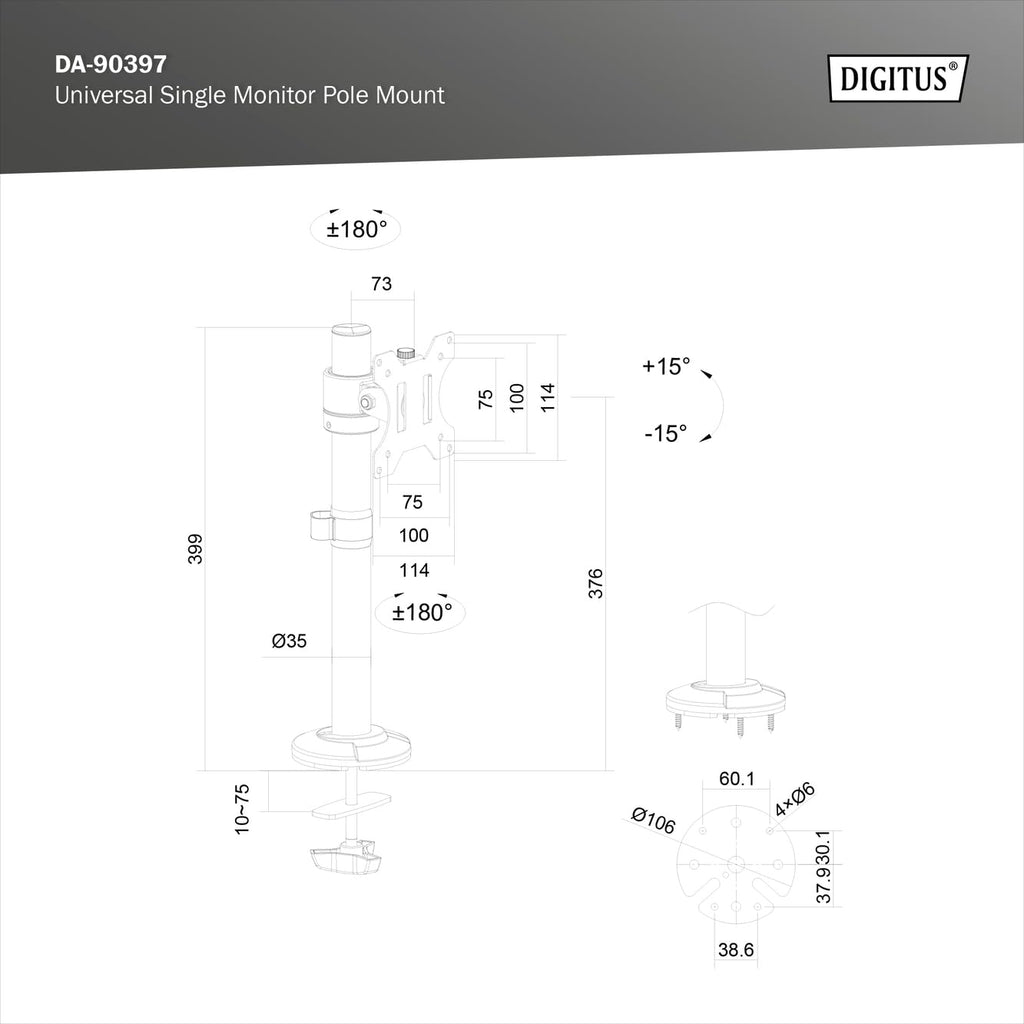 DIGITUS Monitorhalterung - Tischklemme - 1 Monitor - Bis 32 Zoll - Bis 8 kg - VESA 75x75, 100x100 - Schwarz