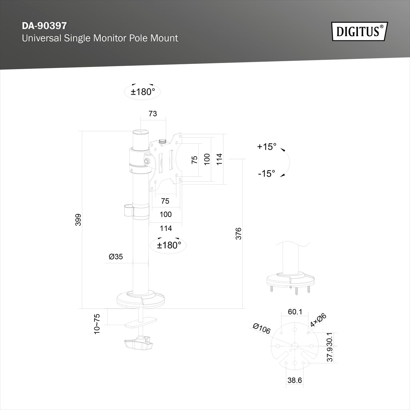 DIGITUS Monitorhalterung - Tischklemme - 1 Monitor - Bis 32 Zoll - Bis 8 kg - VESA 75x75, 100x100 - Schwarz