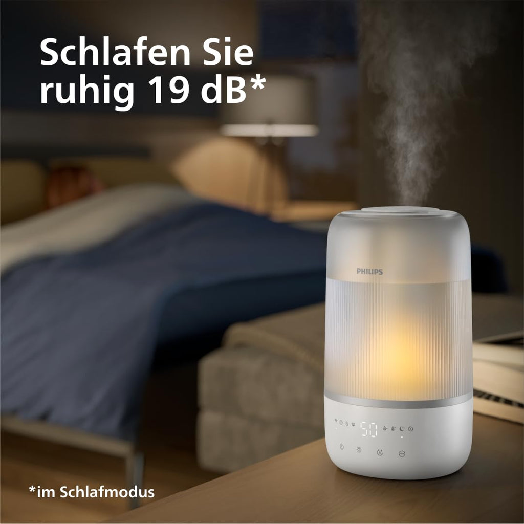 Philips Smart Humidifier - kompakt und dennoch leistungsstark mit himmelhohem Nebel, Aromatherapie, leise mit Schlaffunktion und Nachtlicht, für (Schlaf-) Räume bis zu 38 m² (HU1509/00)