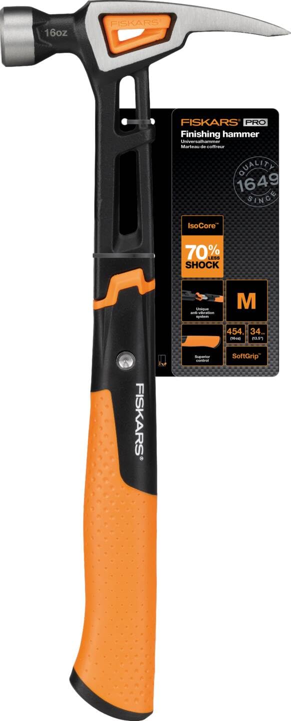 Fiskars Klauenhammer IsoCore M zum Einschlagen der Nägel, Länge: 34 cm, Gewicht: 0,82 kg, Schwarz/Orange, 1020213