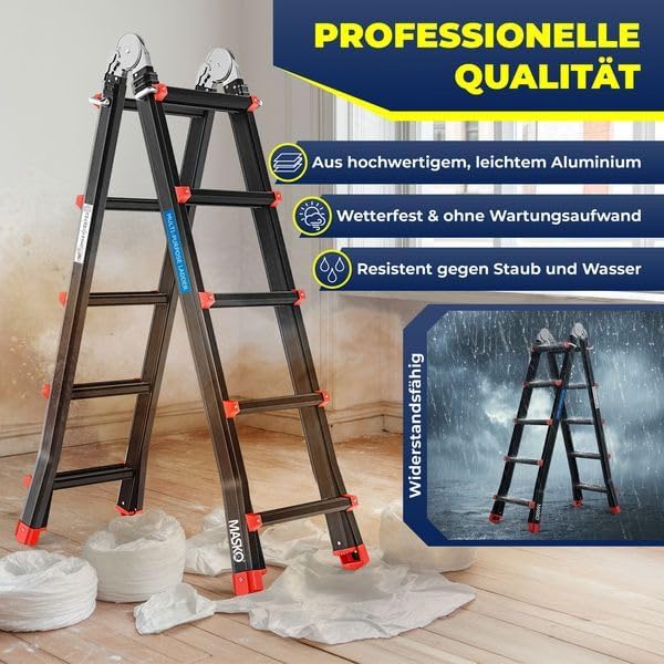 MASKO Aluminium 6in1 Mehrzweckleiter – 20 Sprossen | - 520 cm | 150 Kg, ausziehbar, rutschfest, Multifunktional, Gelenkleiter, Anlegeleiter, Klappleiter, beidseitige Steh- und Treppenleiter | Schwarz