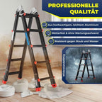 MASKO Aluminium 6in1 Mehrzweckleiter – 20 Sprossen | - 520 cm | 150 Kg, ausziehbar, rutschfest, Multifunktional, Gelenkleiter, Anlegeleiter, Klappleiter, beidseitige Steh- und Treppenleiter | Schwarz