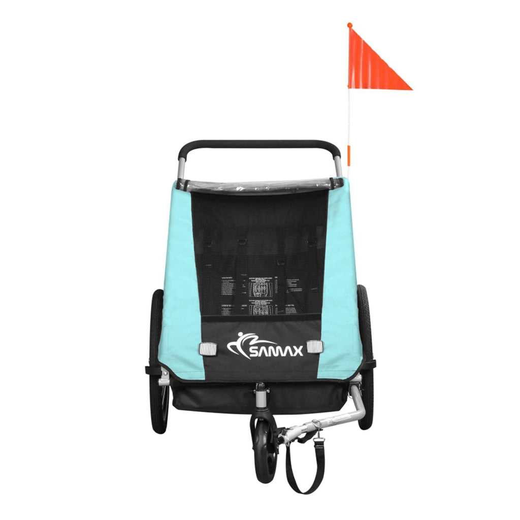 SAMAX Fahrradanhänger Jogger 2in1 360° drehbar Kinderanhänger Kinderfahrradanhänger Transportwagen vollgefederte Hinterachse für 2 Kinder in Türkis - Black Edition