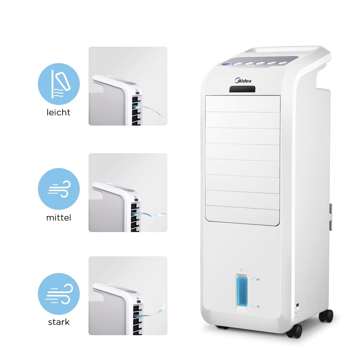 Midea AC100-16BR Luftkühler mit Wasserkühlung, Klimaanlage Mobil, Ventilator mit 5L Wasserkühlung, Luftbefeuchter, mit Fernbedienung, 7H Timer, Weitwinkeloszillation, LED Anzeige, 55W