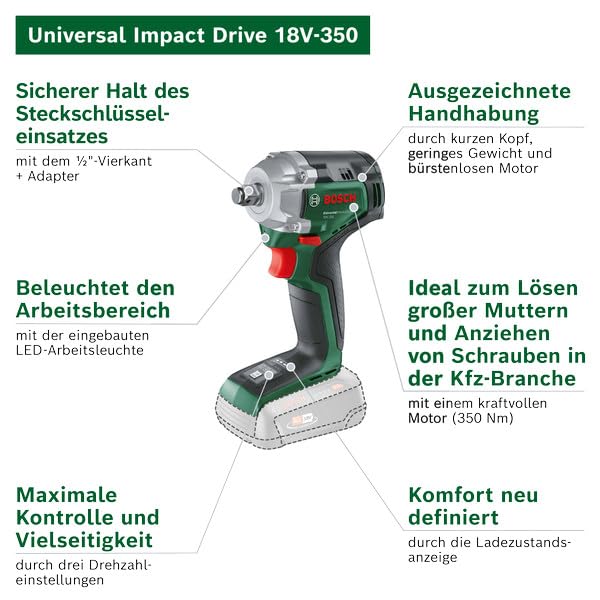 Bosch Akku-Drehschlagschrauber UniversalImpactDrive 18V-350 (kraftvolles Schrauben und Befestigen im Bauwesen; max. Drehmoment: 350 Nm; Sechskantadapter; Mutternschlüsselsatz; ohne Akku)