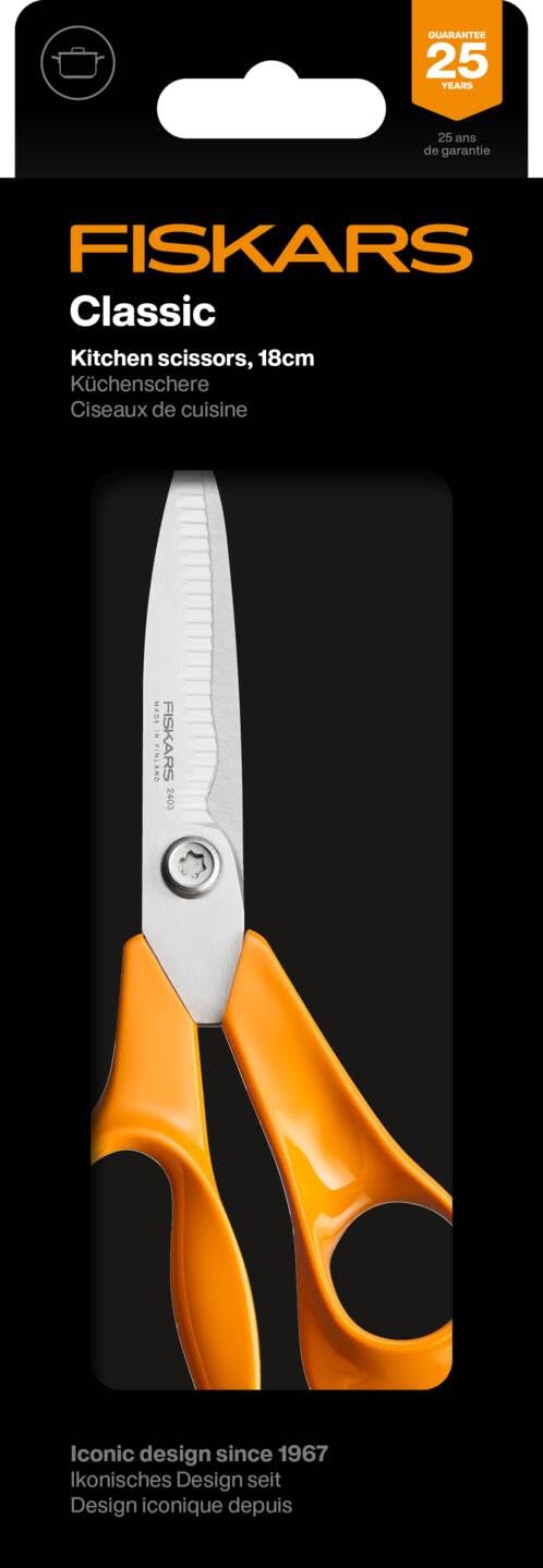 Fiskars Classic Küchenschere, Gezahnte Klingen, Rechtshändig, Gesamtlänge: 18.7 cm, Verbesserte Torx-Schraube und ergonomischerer Griff, Qualitätsstahl/Kunststoff, Orange, 1075051