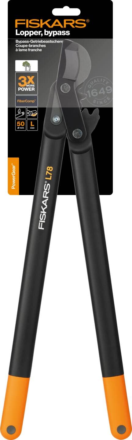 Fiskars PowerGear II Bypass-Getriebeastschere für frisches Holz, Antihaftbeschichtet, Gehärteter Präzisionsstahl, Länge: 70 cm, Schwarz/Orange, L78, 1000584