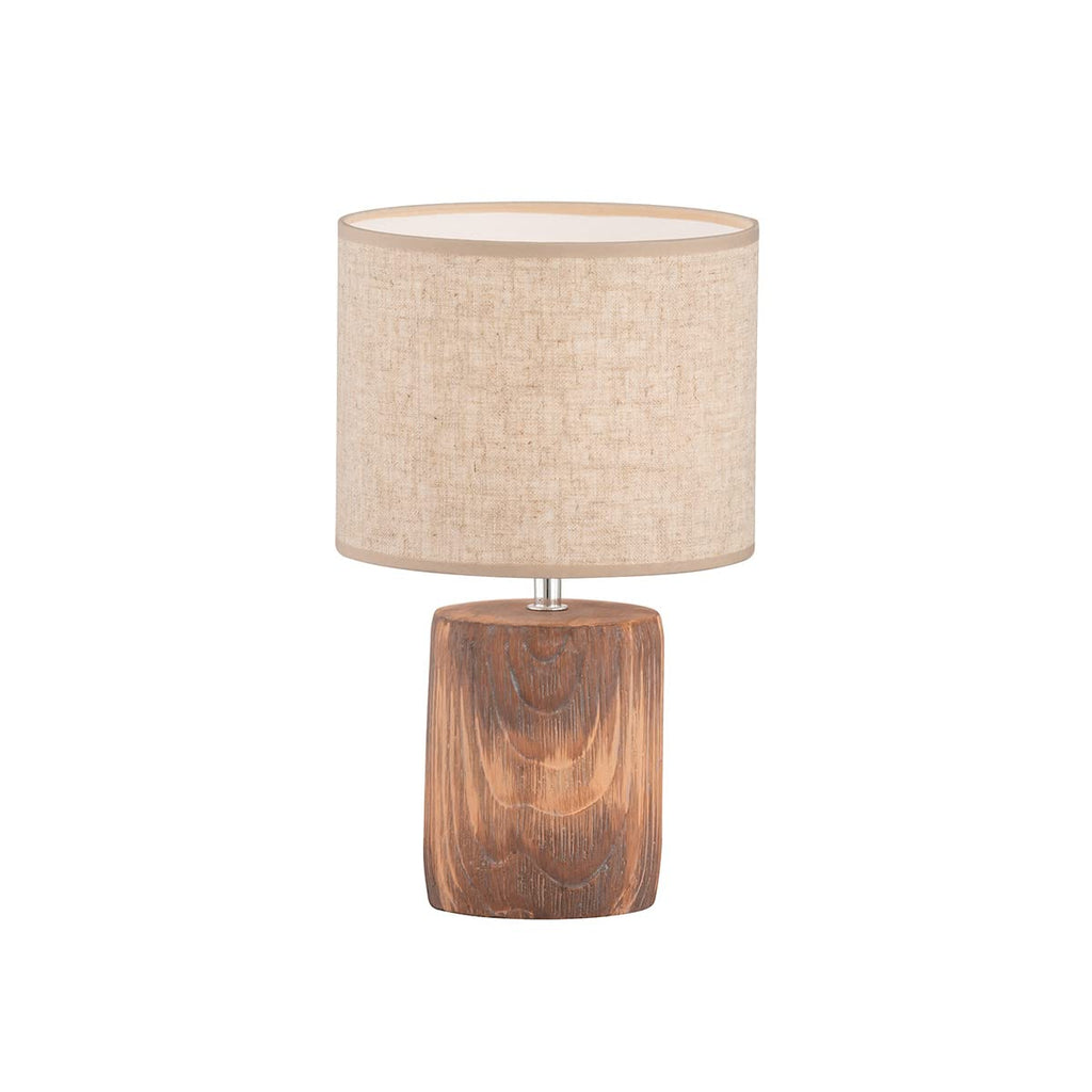 Fischer & Honsel Tischleuchte Malik, Betonlampe in Holzoptik mit Stoff-Lampenschirm & Schnurschalter, Beton in Holzfarben & Leinen in Sandfarben, Höhe 35cm, Durchmesser 20 cm