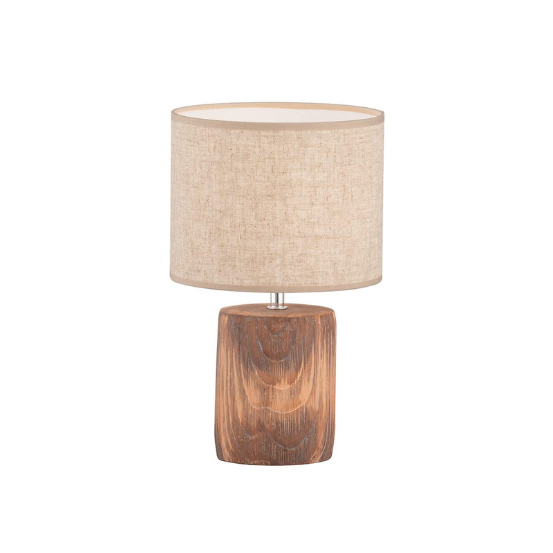 Fischer & Honsel Tischleuchte Malik, Betonlampe in Holzoptik mit Stoff-Lampenschirm & Schnurschalter, Beton in Holzfarben & Leinen in Sandfarben, Höhe 35cm, Durchmesser 20 cm