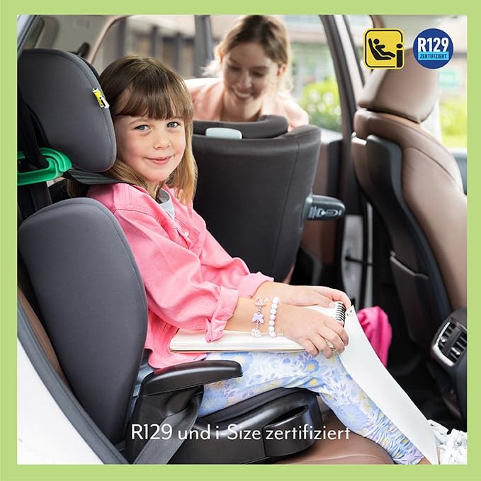 Graco Junior Maxi™ i-Size R129 Kindersitz, ca. 3,5 bis 12 Jahre (100 bis 150 cm), Kindersitzerhöhung, Armlehnen und Kopfstütze höhenverstellbar, leicht, mit Getränkehalter, schwarz, Midnight