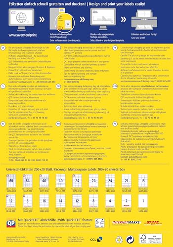 AVERY Zweckform 3475-200 Adressaufkleber (4.800 plus 480 Klebeetiketten extra, 70x36mm auf A4, Papier matt, bedruckbare Absenderetiketten, selbstklebende Adressetiketten mit ultragrip) 220 Blatt, weiß