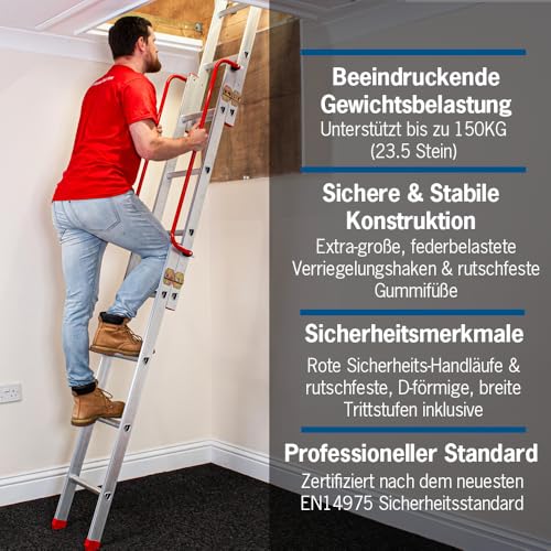 BPS Aluminium-Bodentreppe 3-teilig | Dachbodentreppe mit Handlauf, D-Sprossen, Aufbewahrungspfahl, Verriegelungsbeschläge | 150 kg Tragkraft