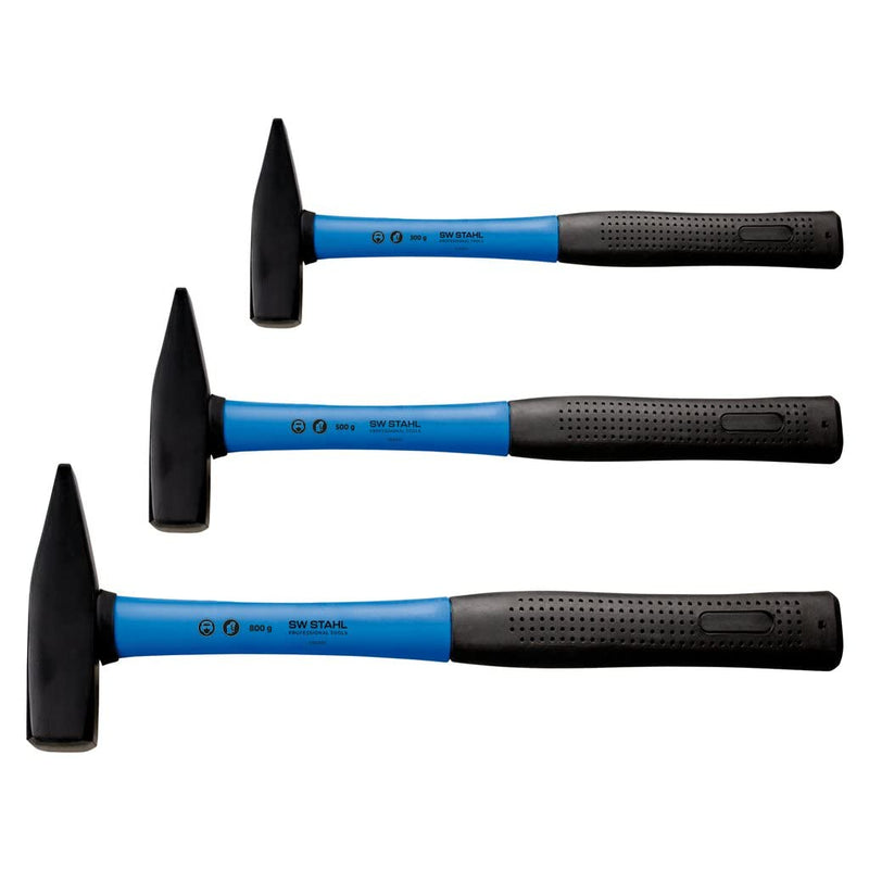 SW-Stahl 50430L Schlosserhammer Satz mit Fiberglas-Stiel 3-teilig I Hammer mit Gummigriff I Werkzeughammer mit Fiberglasstiel I Hammer 300g, 500g & 800g Kopfgewicht I Schlosserhammer Set