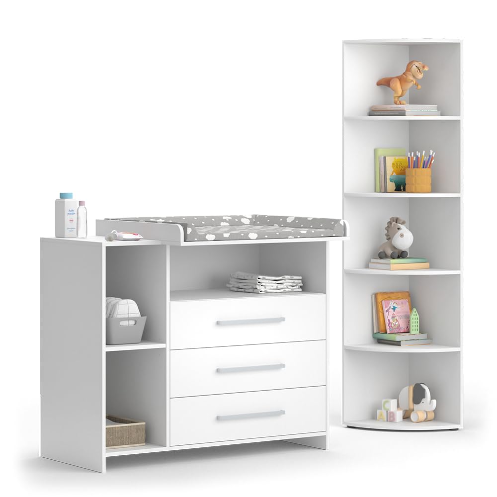 Vicco Kinderzimmer-Set Weiß Oskar 2 Teile, mit Wickelkommode und Spielzeugregal - 113x100x70 cm aus Spanplatte - Babymöbel Set für Kleinkinder, Durchdachte Möbellösung für Dein Zuhause