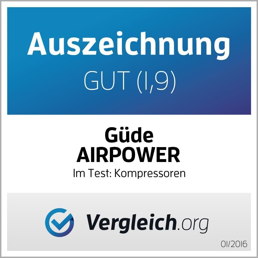 Güde Kompressor Airpower 190/08/6 (ölfrei, max. Druck 8 bar, Kessel 6 l, 1100 W, eff. Liefermenge 145 l/min, Druckminderer/Manometer/Kondensatablassschraube, inkl. 6-tlg. Zubehör, Testnote SEHR GUT)