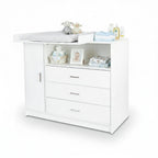 ecomi Wickelkommode Wickeltisch Baby Kommode aus Holz mit Wickelaufsatz, 3 Schubladen, 1 Tür, 100 cm Höhe in Weiß, Wickeltisch 113x100 cm Griffe verchromt