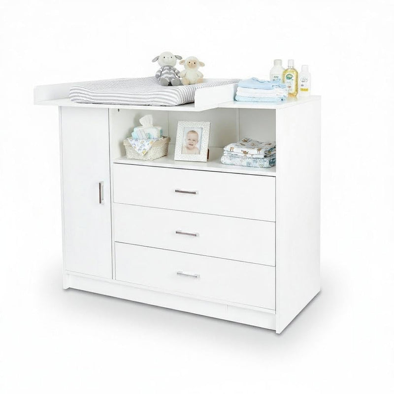 ecomi Wickelkommode Wickeltisch Baby Kommode aus Holz mit Wickelaufsatz, 3 Schubladen, 1 Tür, 100 cm Höhe in Weiß, Wickeltisch 113x100 cm Griffe verchromt