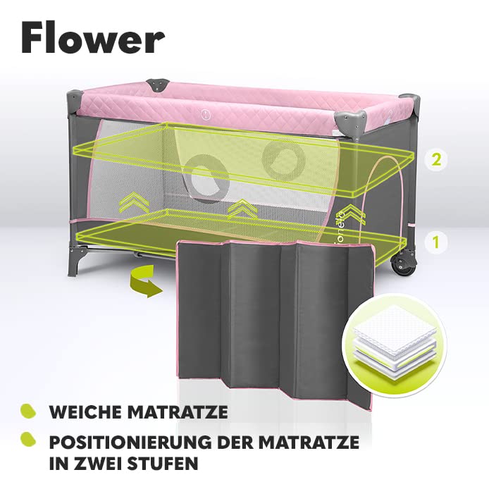 Lionelo Flower 4in1 Reisebett Baby mit Seiteneingang, Wickeltisch, Zwei Matratzenaufhängungshöhen, Spielzeugbogen mit Spielfiguren, Rollen, Tragetasche