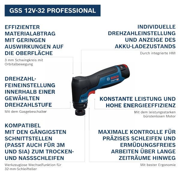 Bosch Professional 12V System Akku-Schwingschleifer GSS 12V-32 (inkl. montiertem 32 mm Klett-Schleifteller, 32 mm selbstklebender Schleifteller)