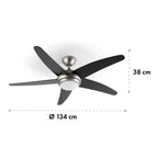 Klarstein Bolero - 2-in-1-Deckenventilator 134cm durchmessender Ventilator, Leuchte 55W Leistung, Holzflügel, Fernbedienung, 50 dB, 3 Drehgeschwindigkeiten: schnell, mittel, langsam, schwarz