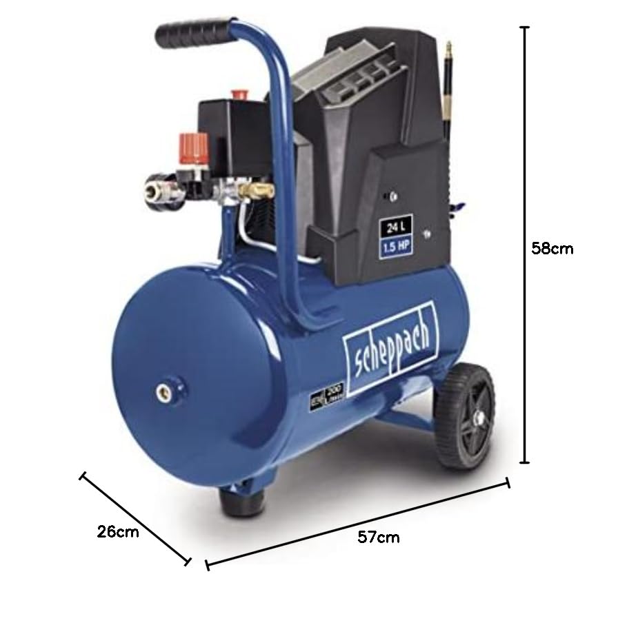 Scheppach Kompressor HC25o (1100W, 24 L,8 bar, Ansaugleistung 165 l/min, Druckminderer, ölfrei) - inkl. 13-teiligem Druckluft-Werkzeug-Set + 5 m Spiralschlauch