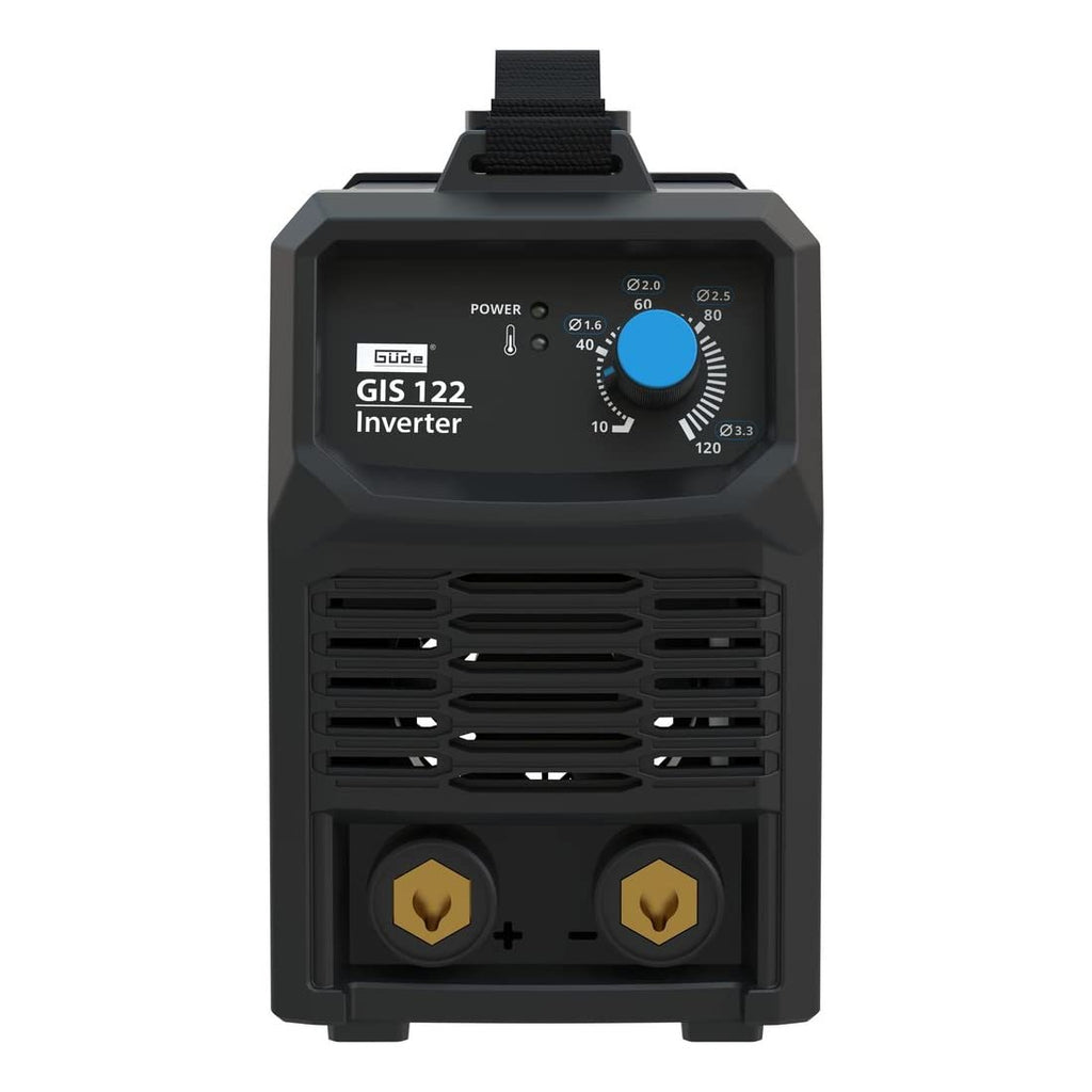 Güde Inverter Schweißgerät GIS 122 (230 V, 16,7 W Leerlaufleistung, 3.6 kVA max. Netzleistung, 10-120 A Regelbereich Schweißstrom, inkl. Elektrodenhalter, Masseklemme, Schlackenhammer & Schweißschild)