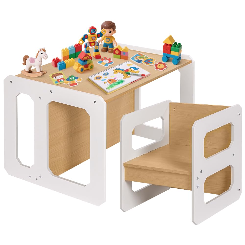 Yorbay Tisch und Stuhl Set für Kinder Kinderschreibtisch mit 1 Hockern, Kindersitzgruppe 3 in 1-Wendehocker & zum Kinderarbeitsplatz umwandelbarer Kinderbank, Kindermöbel 61,5 x 50 x 46 (Natur, L)