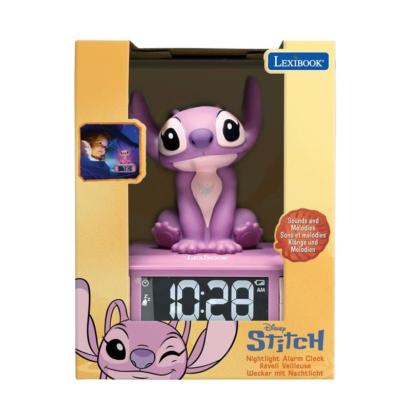 Lexibook, Disney Stitch, Angel Nachtlicht-Wecker, Töne und Melodien, hintergrundbeleuchteter LCD-Bildschirm, Leuchtend, Schlummerfunktion, rosa, RL800D1
