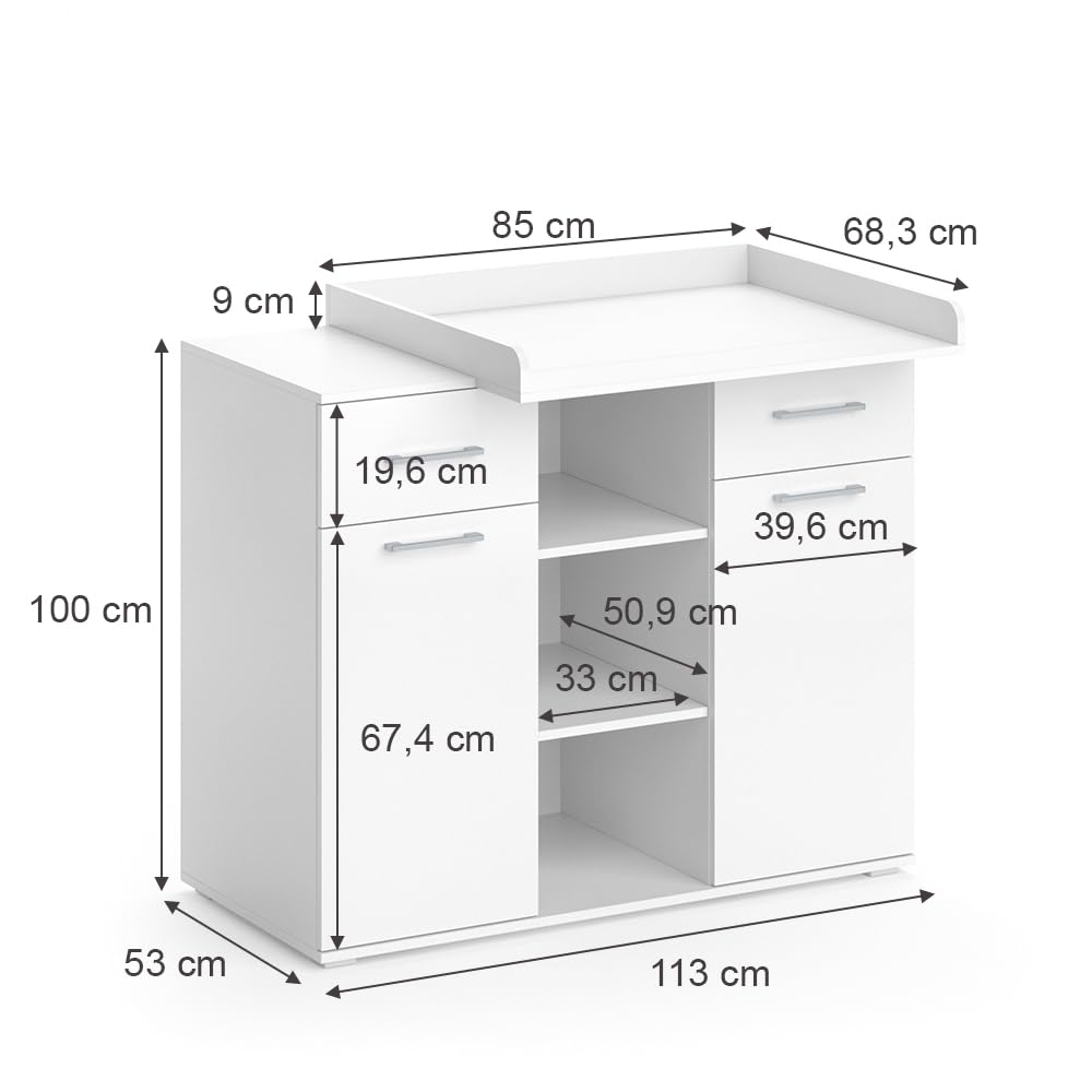Vicco Wickelkommode Leonie, Wickelaufsatz für die Kommode, Weiß, 113 x 100 cm