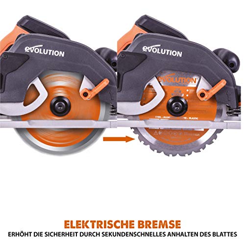 Evolution Handkreissäge R185CCSX Kreissäge Tauchsäge 1600W Inkl. Ø 185 mm HM-Sägeblatt Multi-Material-Schneiden Holz, Aluminium, Stahl, Kunststoff | Mit 3-teiliger 1020mm Mini-Schiene Führungsschiene