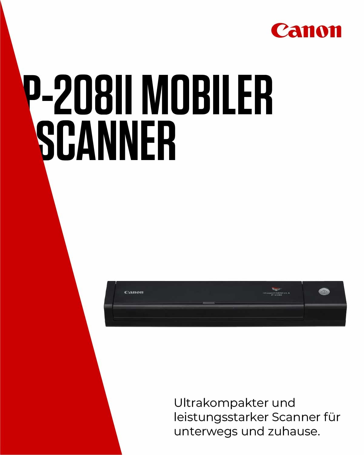 Canon P-208II - imageFORMULA Mobiler Dokumentenscanner (Duplex DIN-A4 Einzug, Farbe, 600dpi, 8 Seiten/Min, 10 Blatt ADF, PDF durchsuchbar, OCR, Plug & Scan, Twain, schwarz)