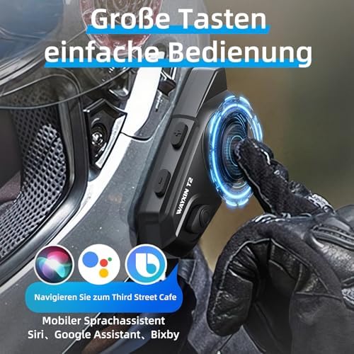 WAYXIN T2 Motorrad Headset mit Gegensprechanlage,Helm Kommunikationssystem für 2 Personen in Reichweite von 300m, mit Sprachassistent, Wasserdicht Freisprecheinrichtung,Musikanrufsteuerung(1pc)