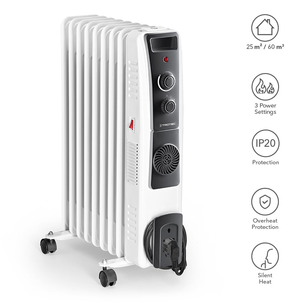 TROTEC Ölradiator TRH 22 E – 2.400 W, 3 Heizstufen, Turbogebläse mit PTC-Heizelement, Thermostat, Frostwächter-Funktion, Überhitzungs- & Kippschutz, mobil