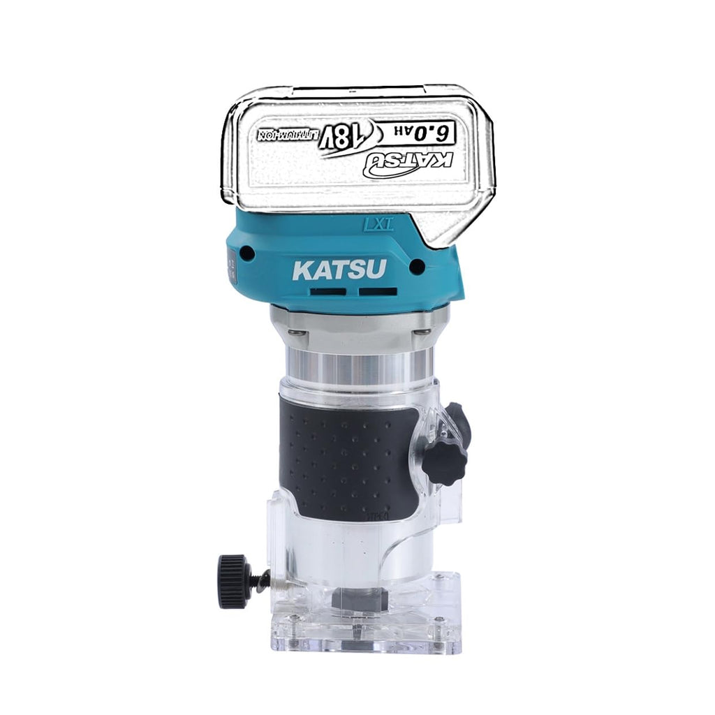 KATSU FIT-BAT 18V/21V Brushless Akku-Oberfräse Holzfräse Kantenfräse mit Trimmer-Basis, 3 Spannzangen 1/4", 6 mm und 8 mm, Ohne Akku und Ladegerät 102770