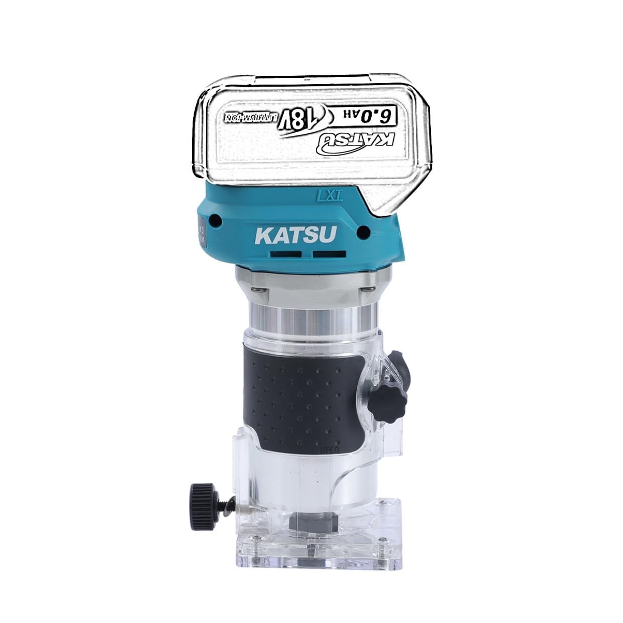 KATSU FIT-BAT 18V/21V Brushless Akku-Oberfräse Holzfräse Kantenfräse mit Trimmer-Basis, 3 Spannzangen 1/4", 6 mm und 8 mm, Ohne Akku und Ladegerät 102770