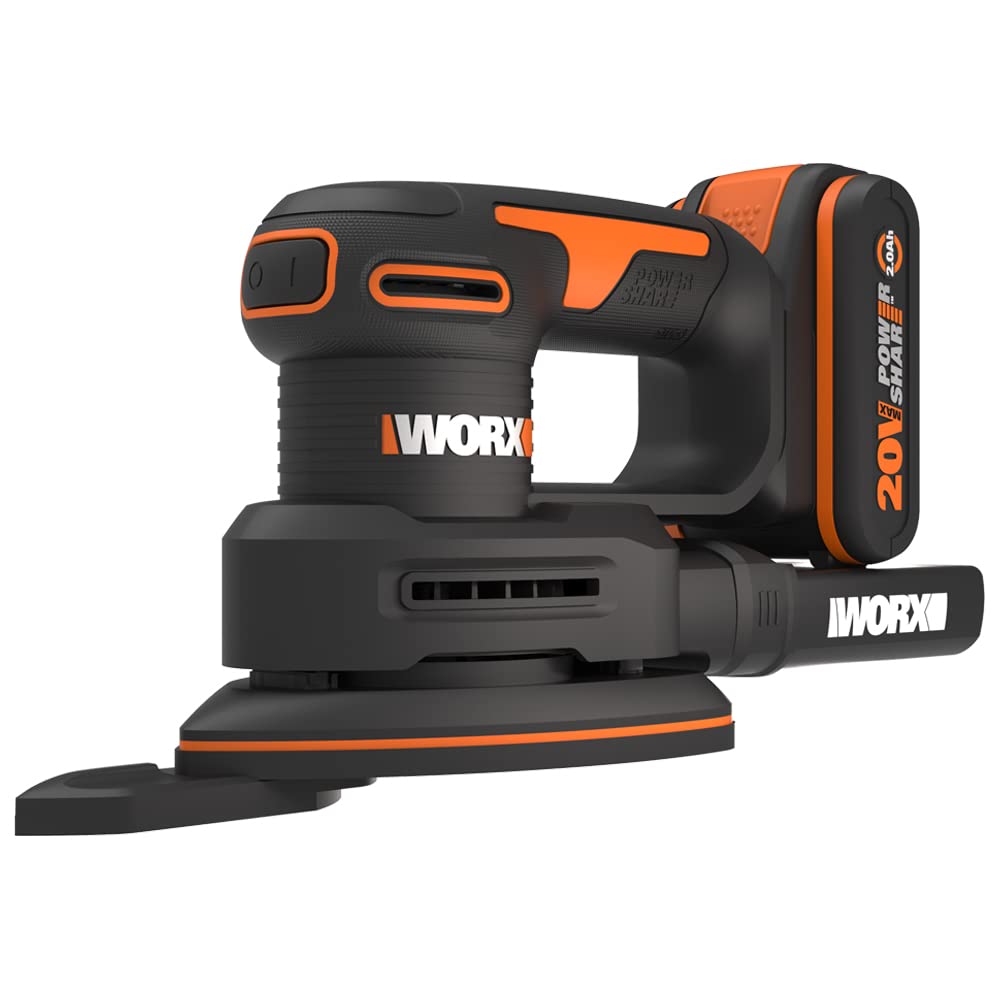 WORX WX822 Akku Detailschleifer 20V - Elektrische 20V Schleifmaschine für Holzmöbel, Türen, Ecken und Kanten - Schleifen mit Staubfangsack - PowerShare kompatibel - mit Akku & Ladegerät