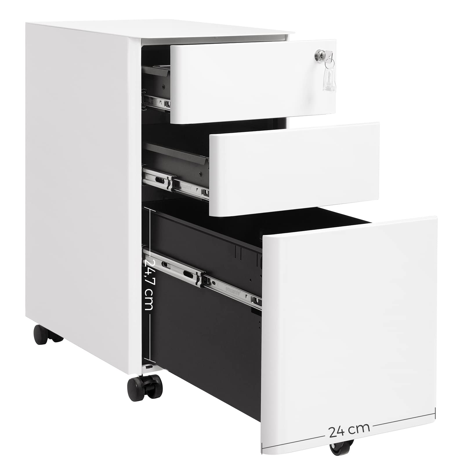 SONGMICS Rollcontainer, Aktenschrank, Büroschrank mit Rollen, Schreibtisch, Unterschrank, abschließbar, Schubladen, Dokumente in DIN-A4-, Legal-, Letter-Format, Hängeregistratur, weiß OFC030W01