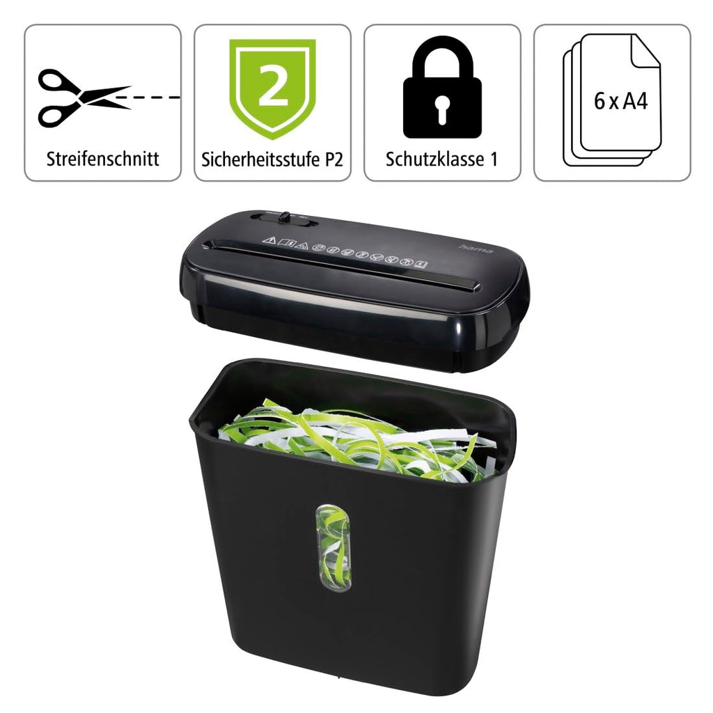 Hama Aktenvernichter Einzug Aktenvernichter professionell Home Office (Streifenschnitt, Schredder, elektrisch, 6 Blatt Papier, Reißwolf, 8 Liter Papierkorb, Sicherheitsstufe 2 DSGVO)