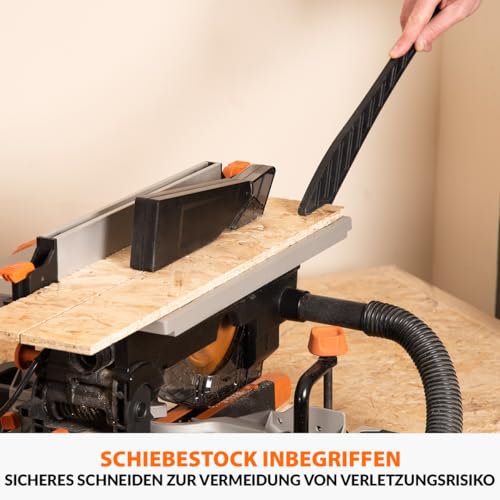 Evolution Power Tools R210MTS-G2 Vielseitige Kapp- und Tischsäge, kompakt, multifunktional, schneidet verschiedene Materialien, TCT-Sägeblatt für Holz, Kunststoff und Metall, 210mm