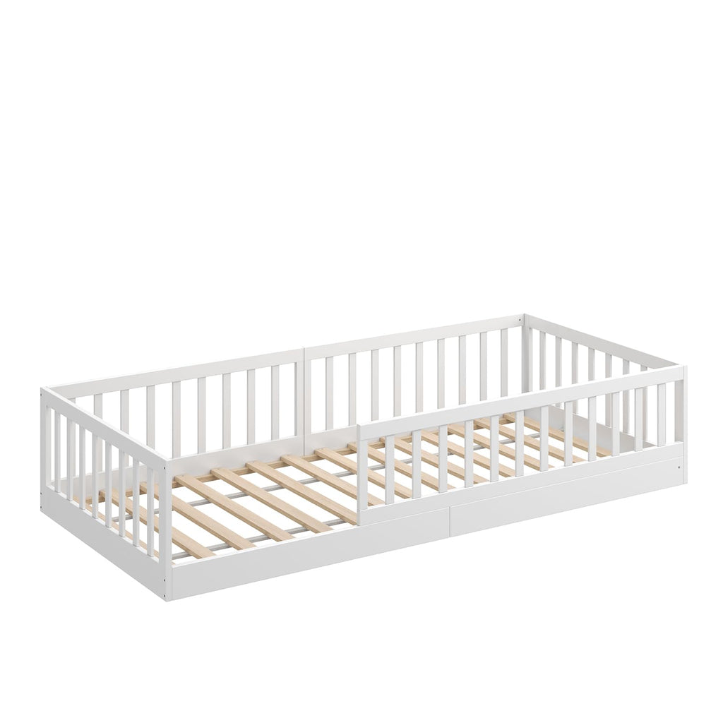CADANI Timi Bodenbett 90x200 cm, bis 200 kg belastbar, Rausfallschutz abnehmbar, Montessori Kinderbett aus Kiefer Massivholz inkl. Roll-Lattenrost, Weiss