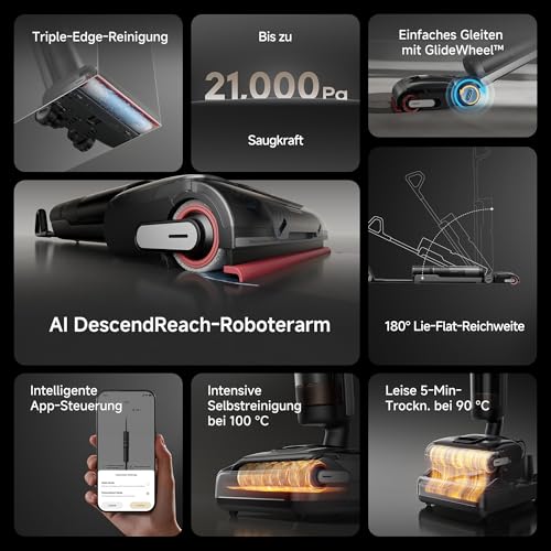 dreame H15 Pro Nass- und Trockensauger, GapFree AI DescendReach Roboterarm, dreifache Kantenabdeckung, 21.000 Pa Saugleistung, 0 Tangle, 100°C Bürstenwäsche, 5min 90°C Trocknung, 180° Lie-Flat