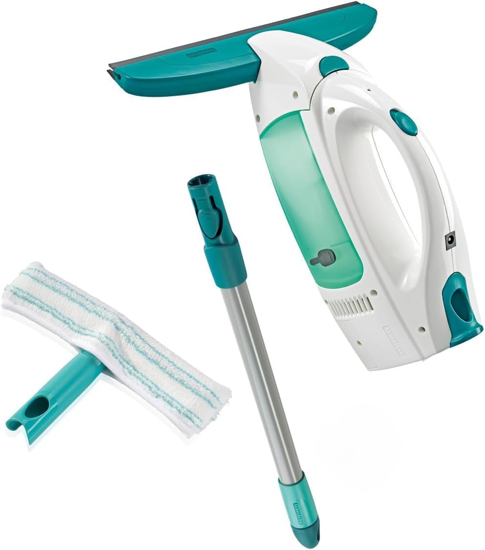 Leifheit Fenstersauger Set Dry & Clean mit Stiel und Einwascher für 360° streifenfreie Reinigung, Fensterreiniger verwendbar bis zu 38 min, Fensterputzer mit Stand-by-Automatik und Click-System