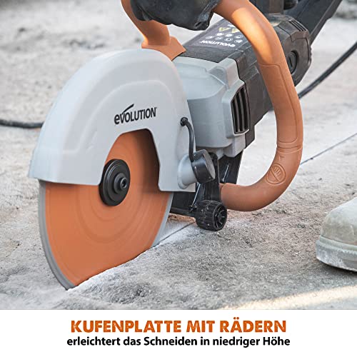 Evolution R255DCT Betonsäge Elektrische Steinsäge 2000W Steinschneidemaschine 255 mm Scheibendurchmesser Sägeblatt Premium Diamantblatt, 102.5 mm Schnitttiefe, schneidet Mauerwerk Gehwegplatten Beton